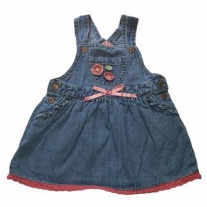Girls Genuine Kids Overall Jumper Dress Denim Flowers Lace Trim Size 9 M